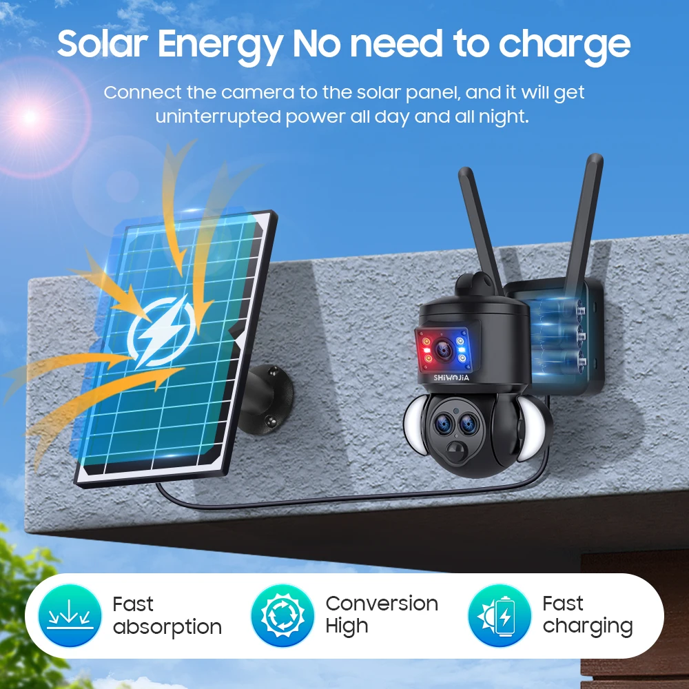 SHIWOJIA 6K 12MP 15X Zoom Solar Camera 4G SIM Security Outdoor 3Lens Dual Screen Recording Humanoid Tracking Color Night Vision