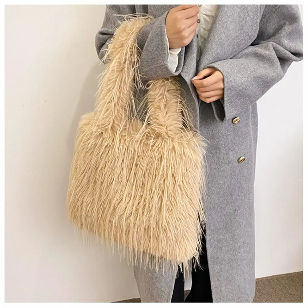 Trendy Long Tassel Shoulder Bag Plush Faux Fur Tote Handbag Large Capacity Furry Underarm Bags for Female