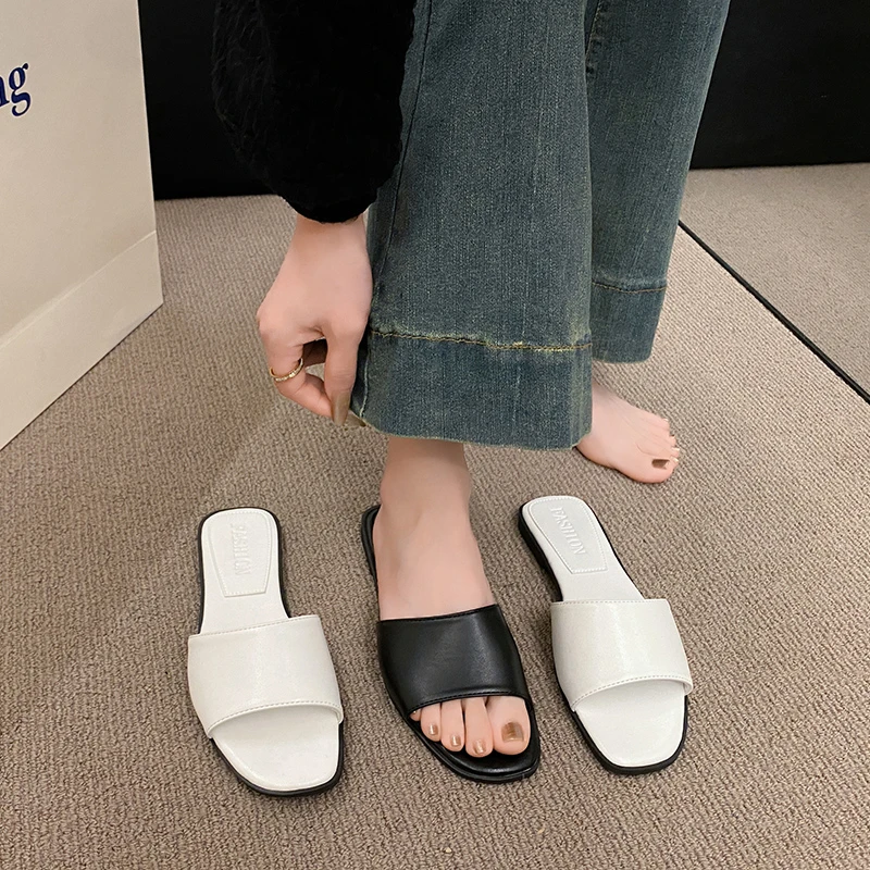 Fashion Minimalist Single Band Slide Sandals Solid Color Women Slippers  Summer New Outdoor Sandy Beach Open Toe Flat Shoes