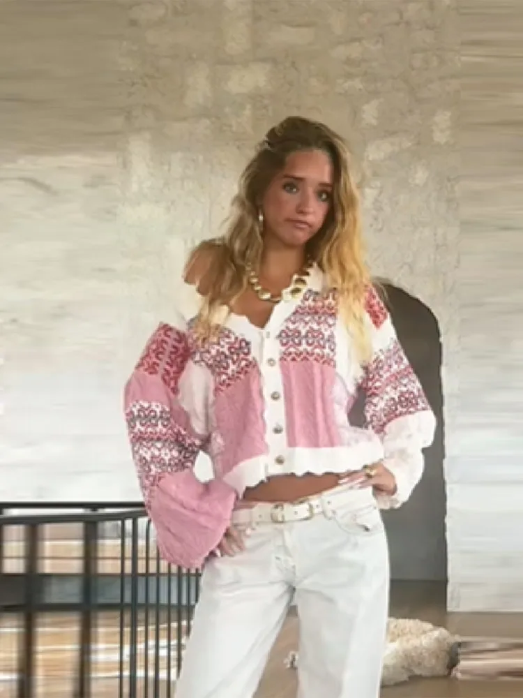 

Pink Print Patchwork Loose Casual Knitted Sweaters Tops Women Long Sleeve V-neck Fall Spring Cardigan Street 2025 Jumpers