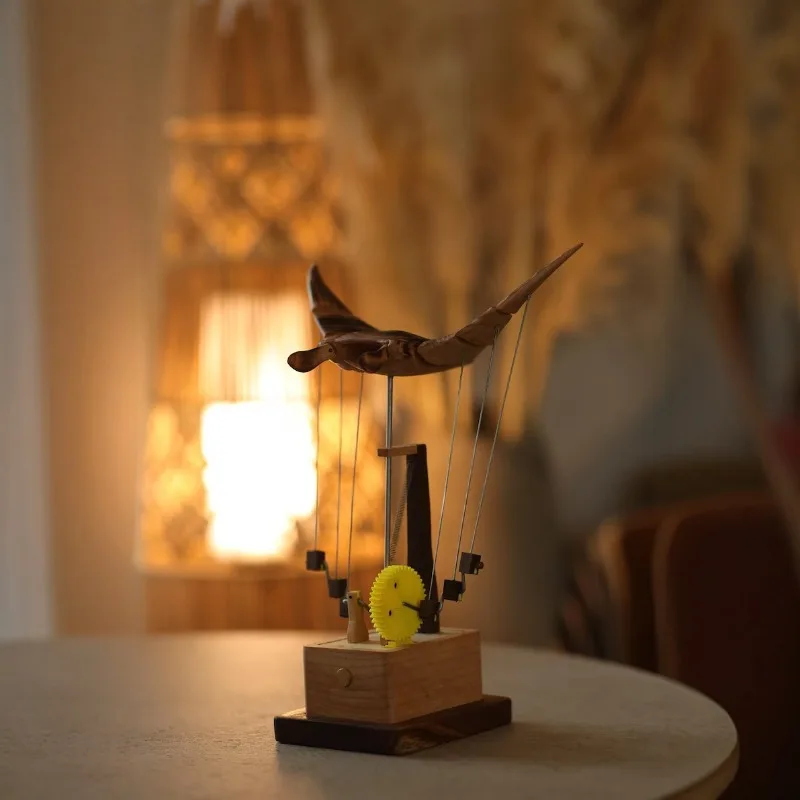 Artisan wooden manta ray automaton, carved artwork
