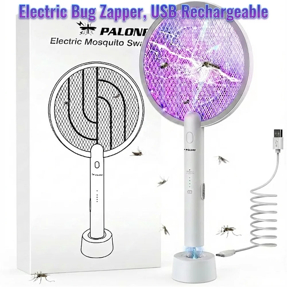 

Электрическая ракетка-уничтожитель насекомых 3000В, уничтожитель комаров, с зарядной базой и УФ-подсветкой, удобная для кухни, гостиной, двора