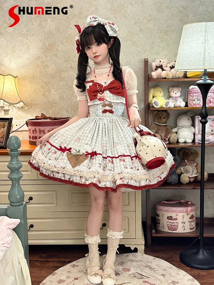 

Japanese Sweet Cute Princess Lolita JSK Dress Lace Splicing Bow Print Plaid Sleeveless High Waist A-line Sling Short Dress Women