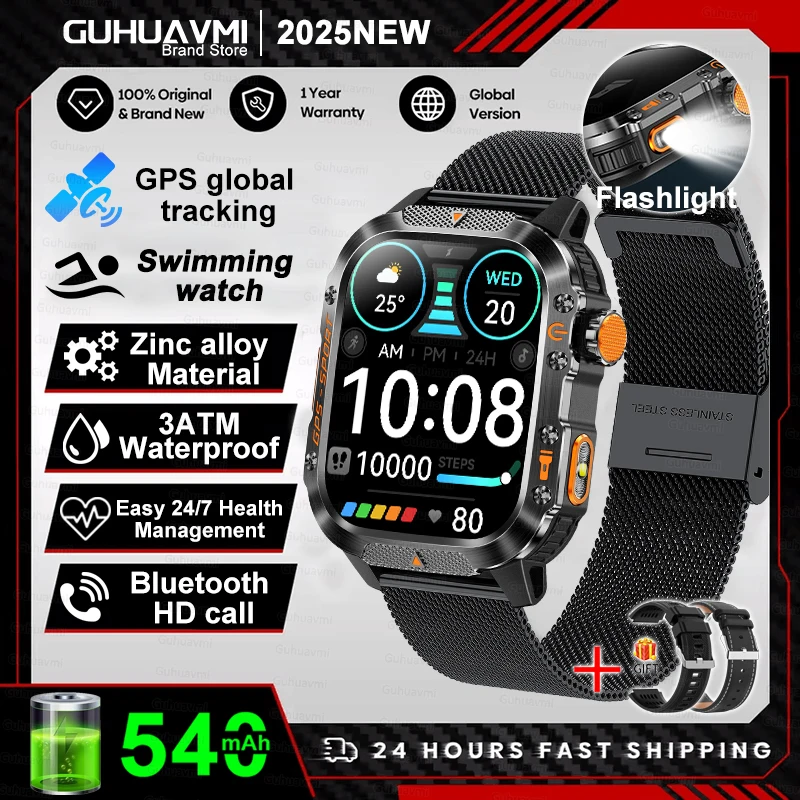 2026 Nieuwe Militaire Smartwatches Mannen 10ATM Waterdicht Zwemmen GPS Bluetooth Oproep 2.01 "AMOLED HD Sport Zaklamp Smart Horloge Mannen