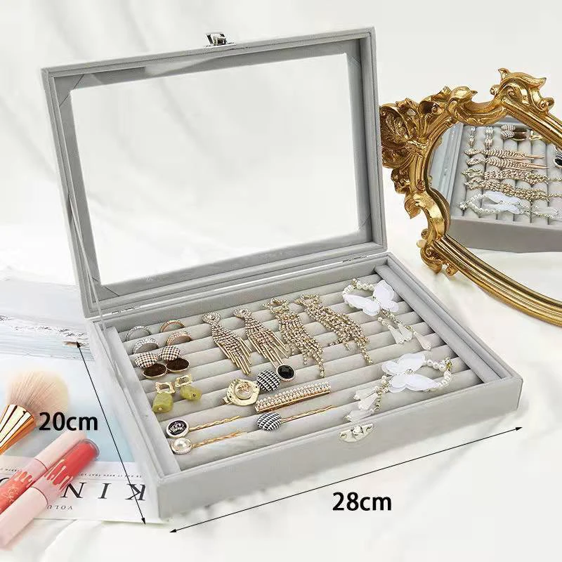 Velvet Rings Box Jewelry Display Case Storage Organizer Ring Earrings Box Dustproof Transparent Flip Lid Jewelry Box