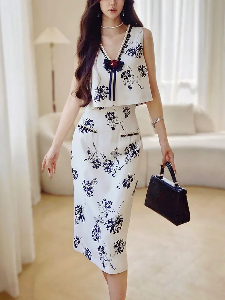 DABUWAWA Tienda Vestidos Elegantes Para Mujeres 2 Piece Sets Women Outfit Print Bow Sleevesless Vest Binding Skirt Y2K DA1BSE052