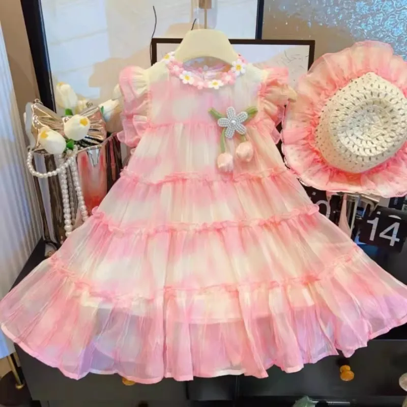 Girls' Summer Dress2026New stylish floral mesh princess dress with gradient chiffon for little girlsALine skirt