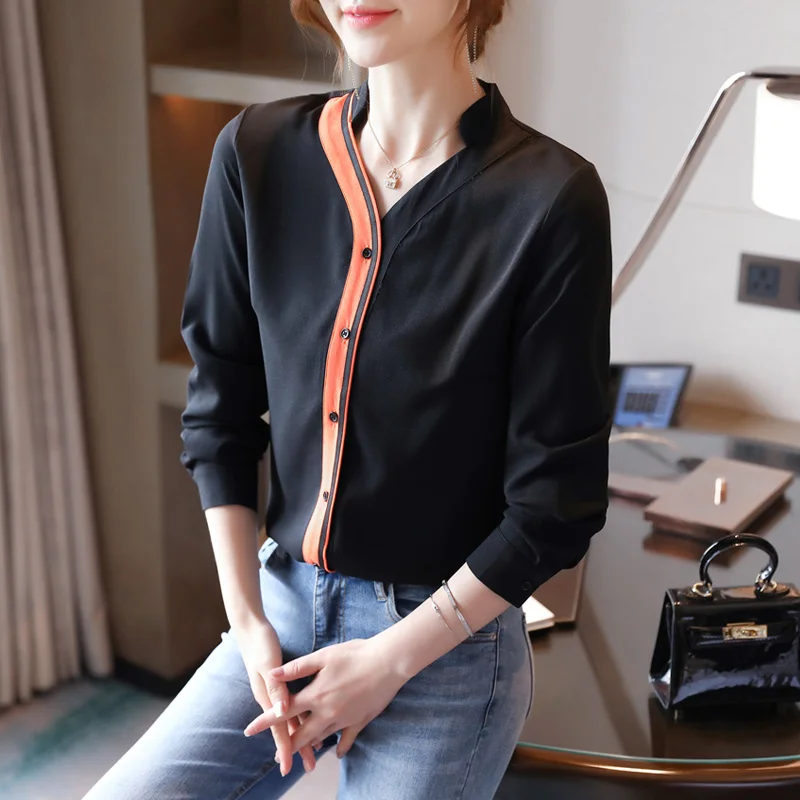 

New 2025 Autumn Long Sleeved V-Neck Women's Chiffon Shirt Fashion Casual Patchwork Office Lady Blouses