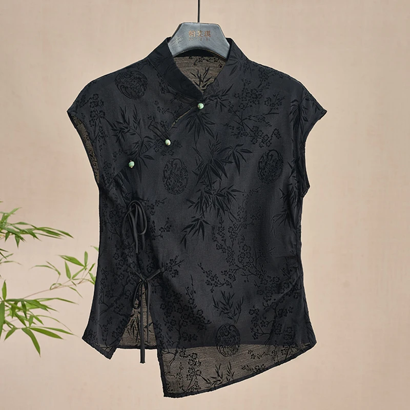 

New Chinese Style Cheongsam Top Black Jacquard Short Sleeve T-shirt Summer Retro Thin Shirt Mature Fashion Women's Clothing
