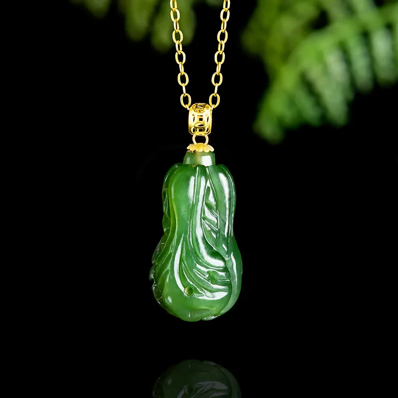 Spinach Green Old Material Hetian Jade And Jasper Cabbage Pendant With 18K Gold Clasp Women