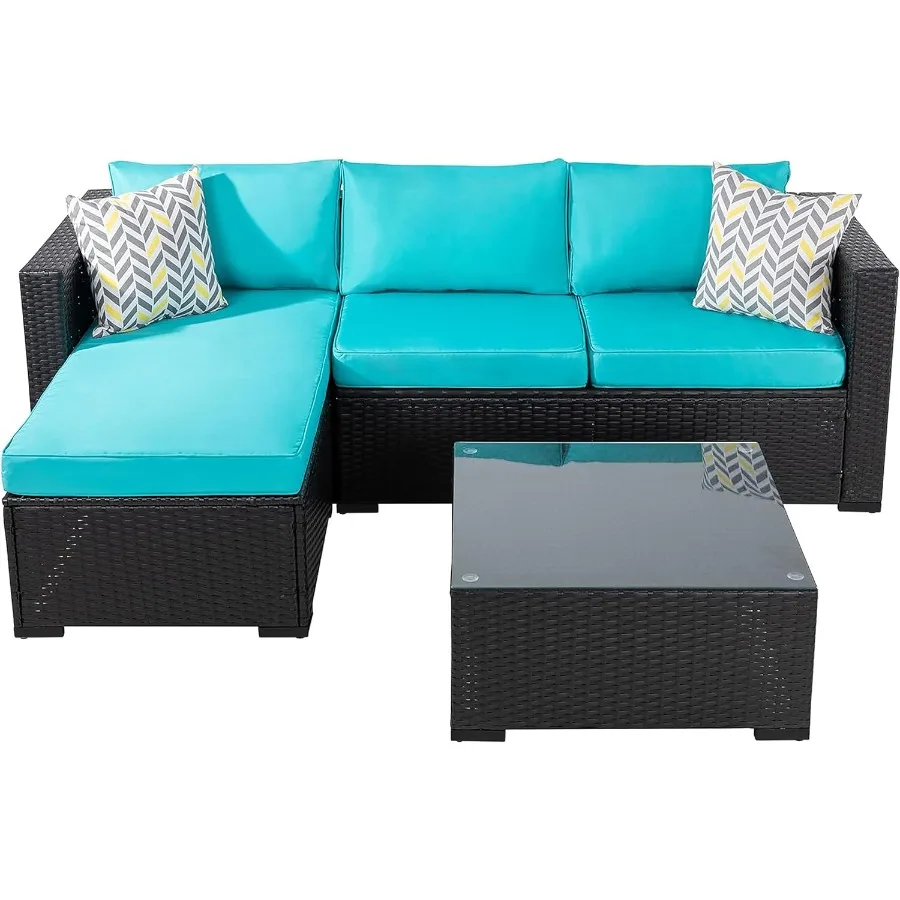 3 Pcs Outdoor Sectional Patio Furniture Set in Black Wicker with AllWeather Rattan Design Comfortable Washable Cushions Glass C