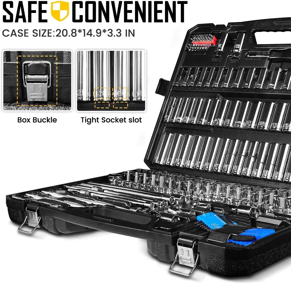 225 Pcs Mechanic Tool Set 1 4 3 8 1 2 Drive Socket Wrench Set Metric Standard Full Socket 90 Tooth Ratchet Auto Bike Repair Heav