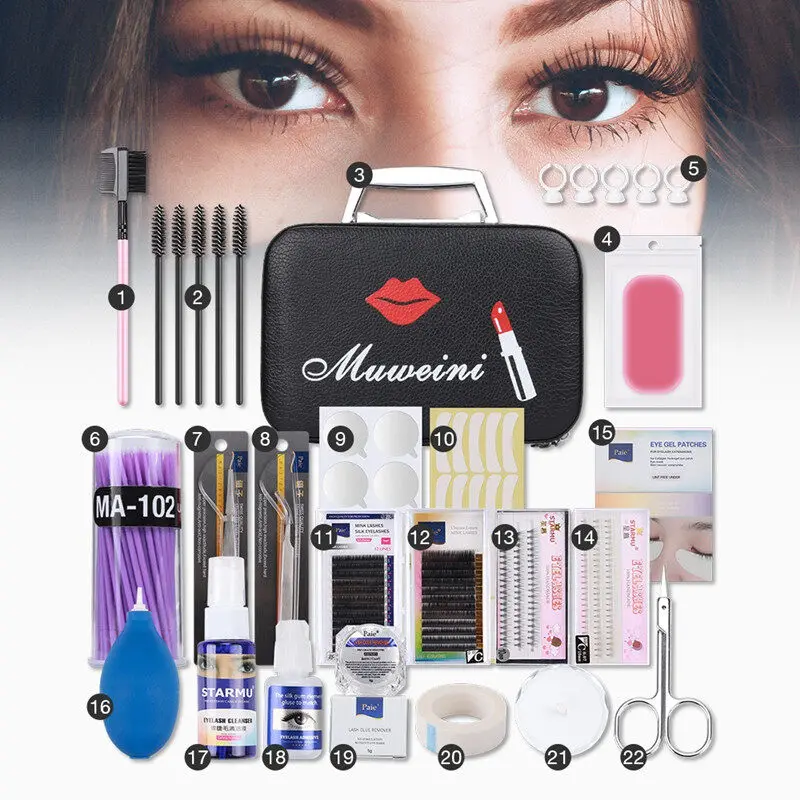 22pcs/set Lash Starter Kit Semi Permanent Individual Eyelash Extensions Practice Kit Eye's Makeup Set Grafting Eyelash Tools