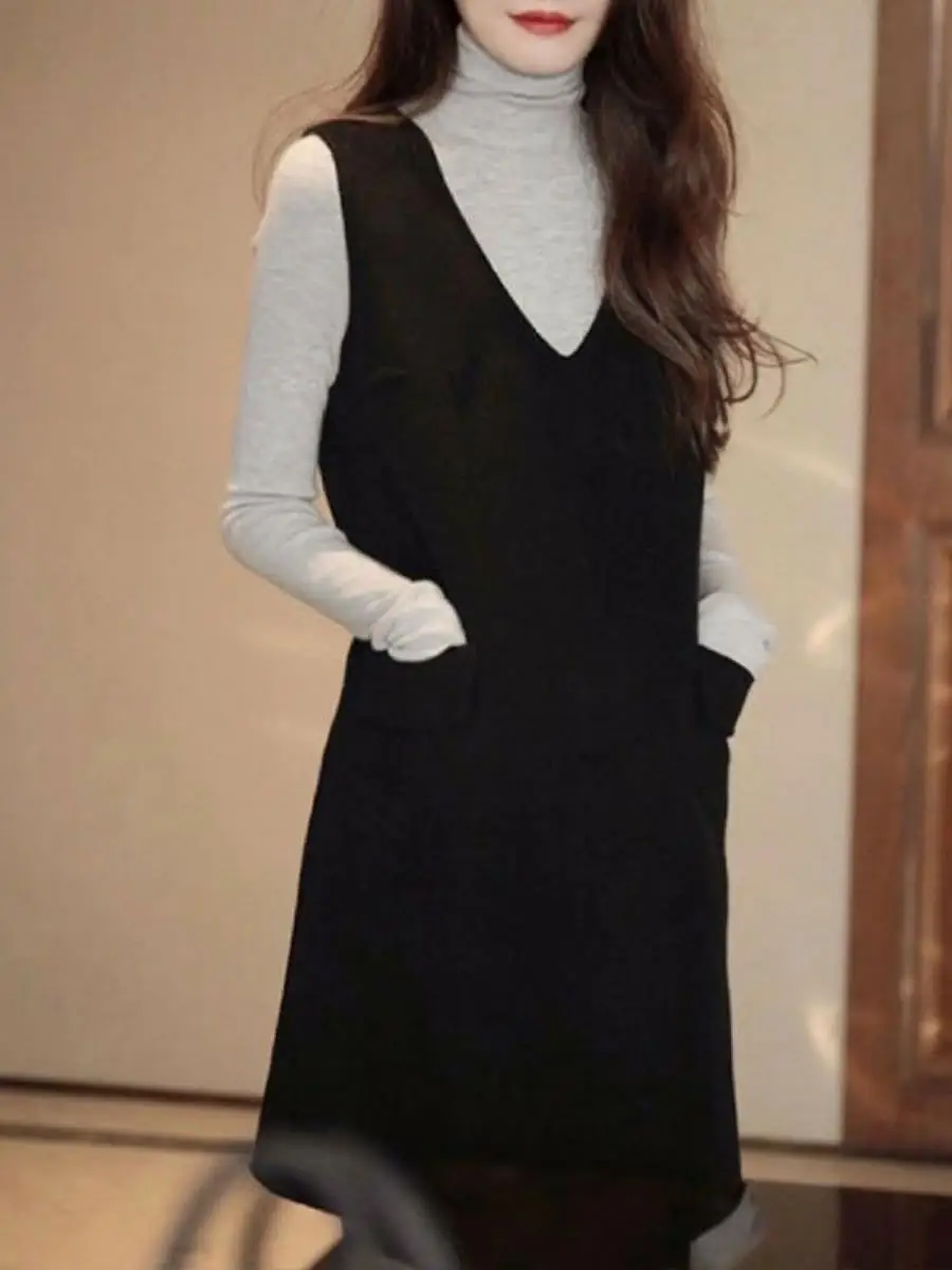 Elegancka kamizelka z dekoltem w serek, sukienka midi z warstwowymi ramiączkami, prosty krój, nowa kolekcja zimowa, uwodzicielska...