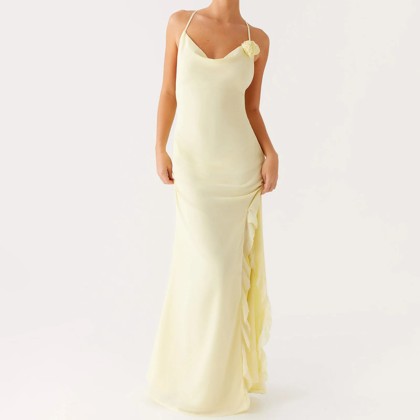 ใหม่แฟชั่นผู้หญิงฤดูร้อนแขนกุด 3D ดอกไม้ Backless แยก Ruffle ชุดสําหรับวันหยุดค็อกเทล Beach Streetwear