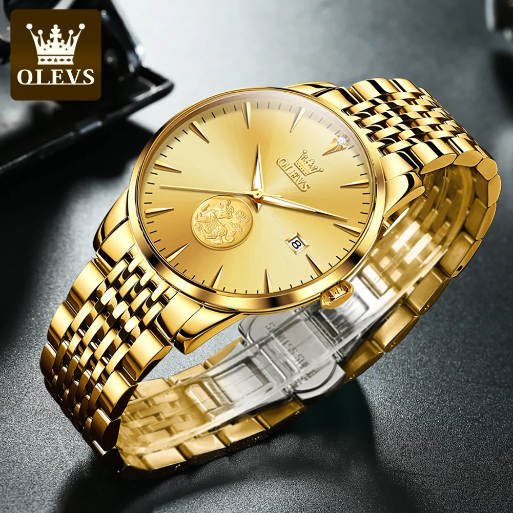 OLEVS 6665 Original Mechanical Watch Men Gold Pixiu Design Stainless Steel Waterproof Auto Date Clock Luxury Men\'s Wrist Watch