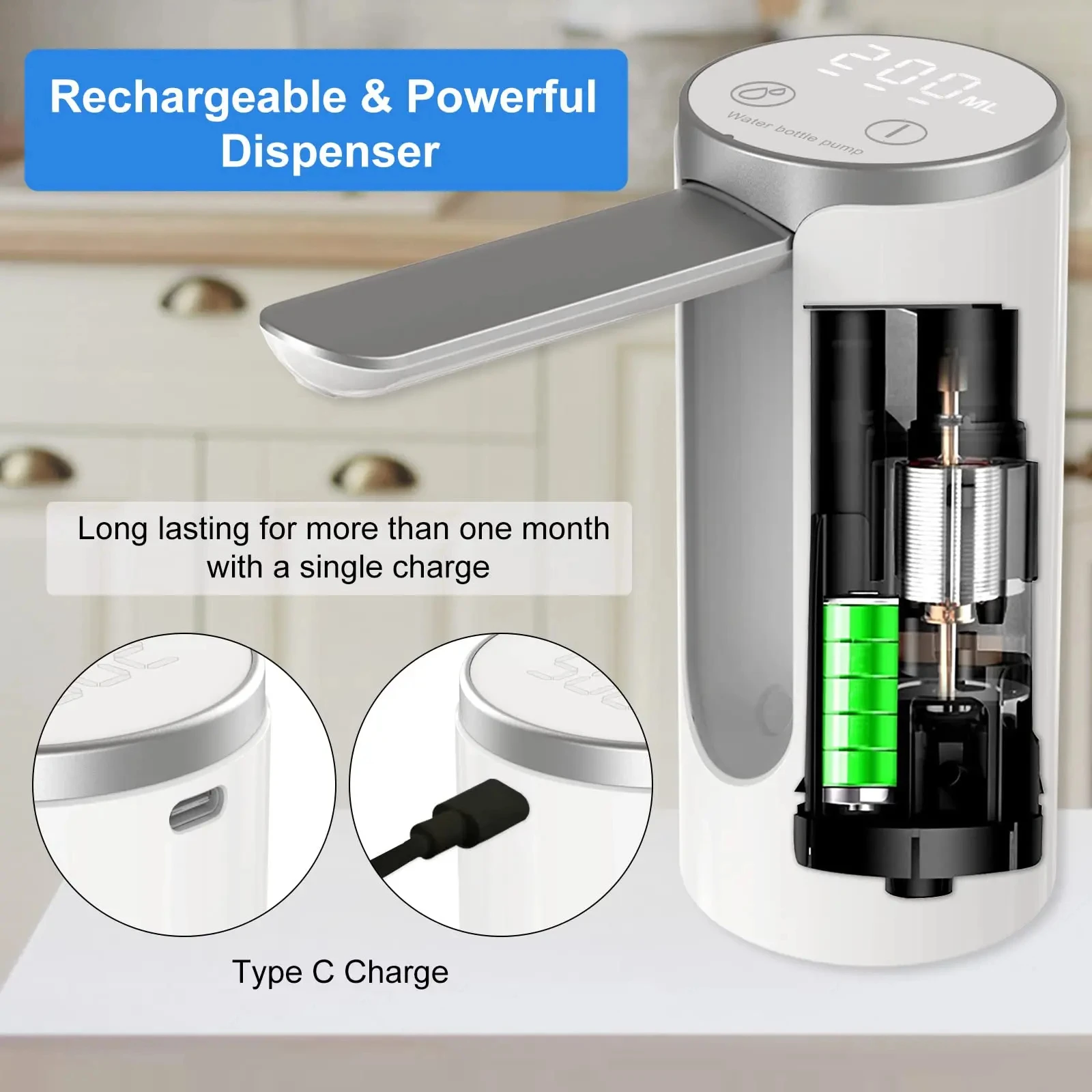 LED Display Water Bottle Pump Foldable Electric 1200mah Type C Rechargeable Automatic Stop Touch Button 3 Quantitative Settings