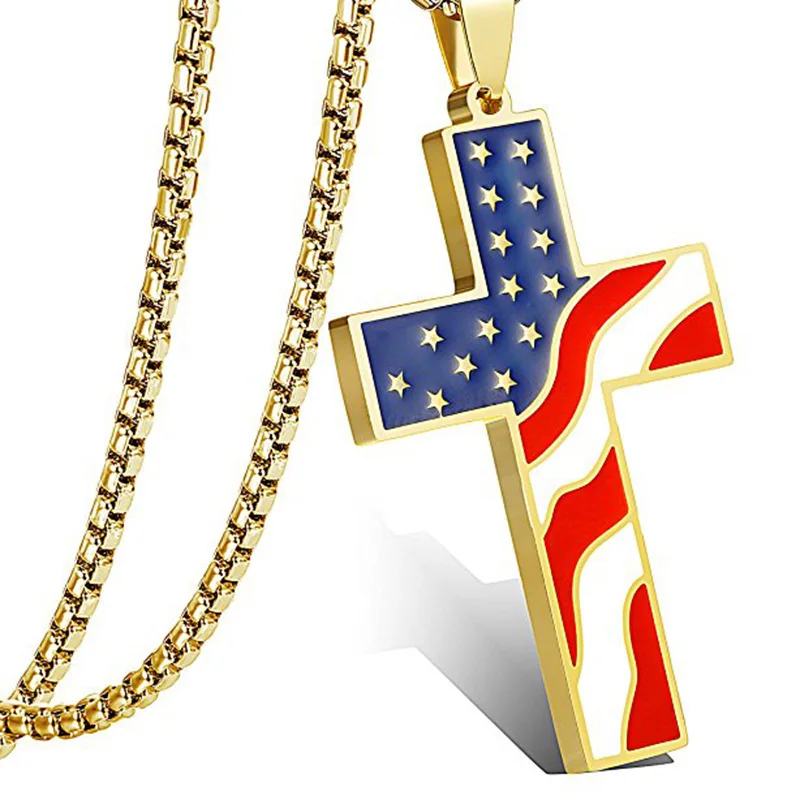 Fashion American Flag Cross Pendant Necklace Women Men USA Independence Day Cross Necklaces Jewelry Couples Anniversary Gifts