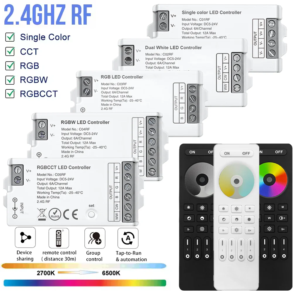 

Светодиодный диммер 2,4 ГГц, комплекты светодиодных контроллеров ШИМ постоянного тока 5-24 В, 4-зонный радиочастотный пульт дистанционного управления для светодиодной ленты 2835 5050 FCOB DIM CCT RGB RGBW RGBCCT