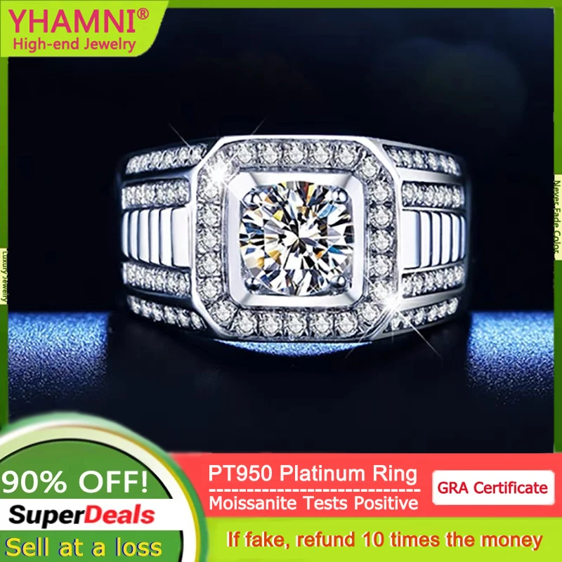 Luxury PT950 Platinum Rings for Men With Credentials GRA VVS 1 Carat D Color Diamond Moissanite Rings Wedding Jewelry Men\'s Gift