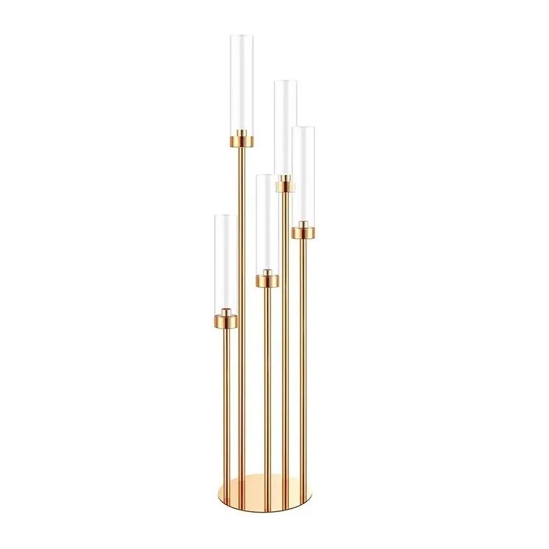 1pcs Elegant Gold 5-Arm Candlestick Center Decoration with Acrylic Tube - Perfect for Wedding, Event, and Home Decor