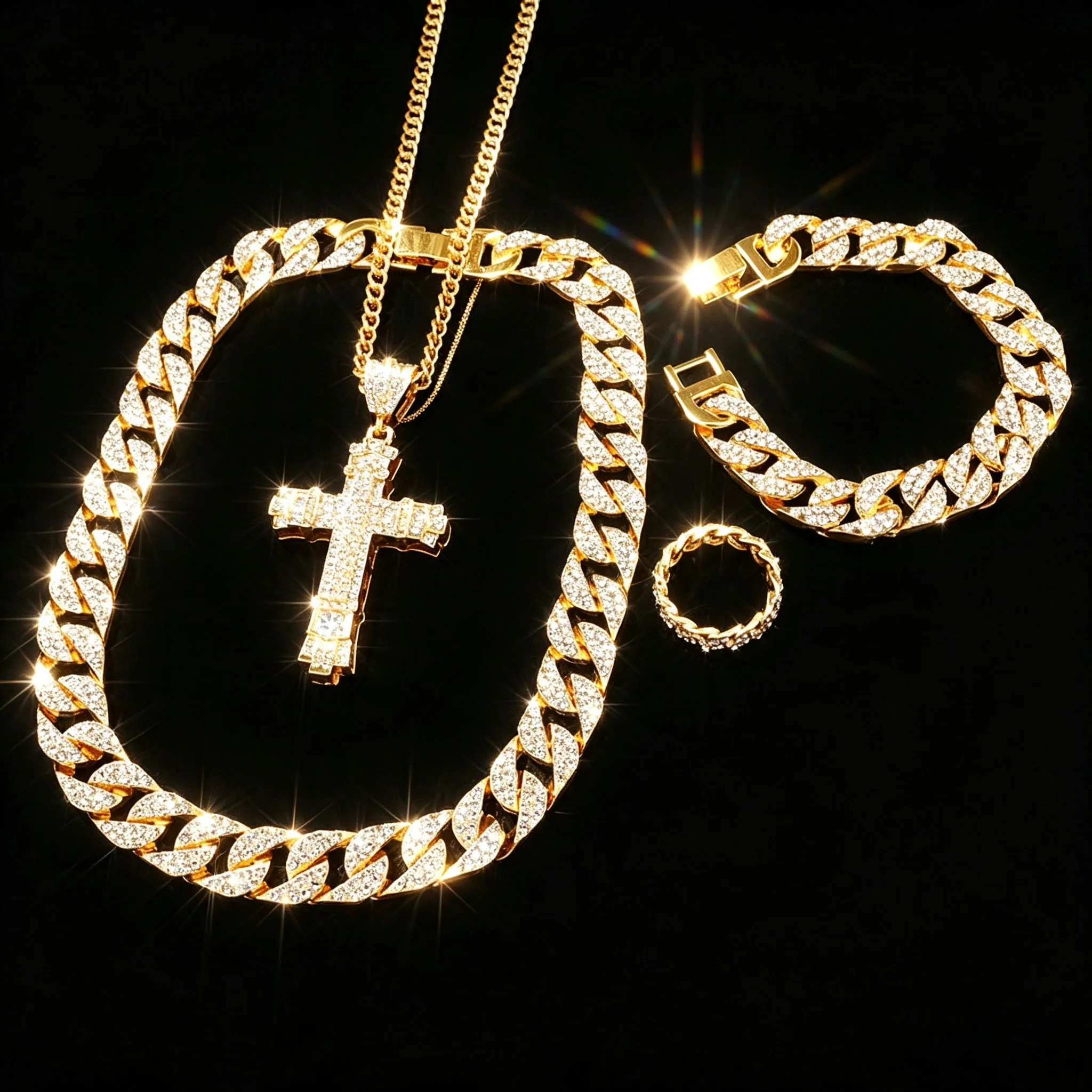 4PCS Men's Fashion Sparkling Cuban Chain, Rhinestone Cross+Ring, Hip-Hop Rap Jewelry Set