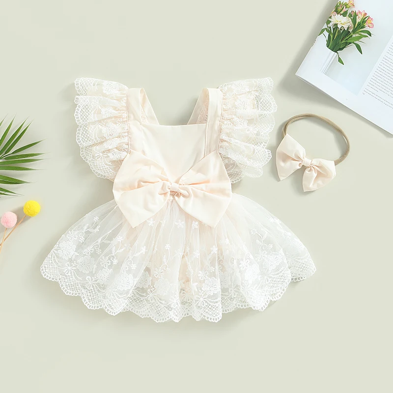 

Infant Baby Girls Lace Romper Dress Lace Flower Fly Sleeve Square Neck Bowknot Bodysuits Summer Jumpsuits with Headband