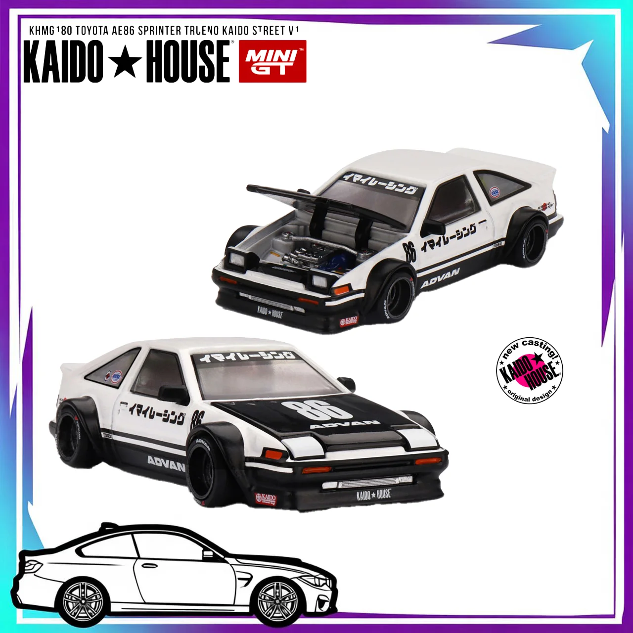 

Kaido House +MINIGT Toyota AE86 Sprinter Trueno Kaido Street V1 KHMG180-CH Модель автомобиля из сплава