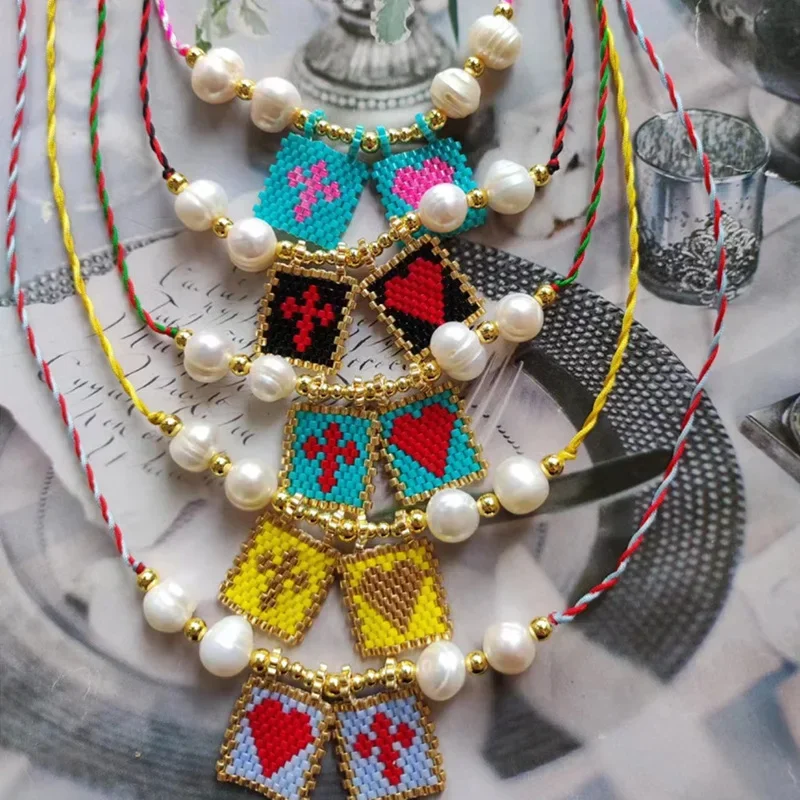 Bohemia Rice bead necklace Heart shape Cross Tag Multiple colors Hand-woven Alloy Personality Retro Creativity Beaded necklace
