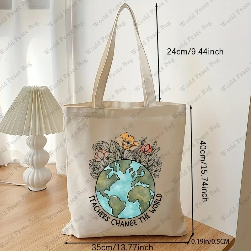 Teachers Change The World Shopping Bag, Casual Canvas Shoulder Bag Reusable Foldable Storage Tote Bag Handbag, Gift For Teacher