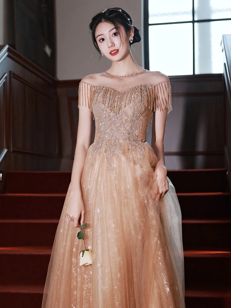 

Ele Champagne Color One-oulder Long Evening Gown Women's Host High-End Luxury Sensation Par Banquet Dr
