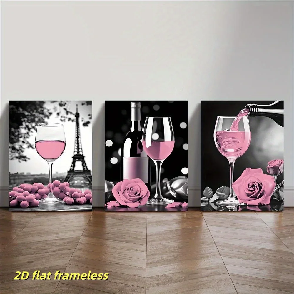 3PCS Large-sized frameless canvas paintings,3 pieces of romantic pink wine art, grape rose, Eiffel Tower pattern canvas poster,