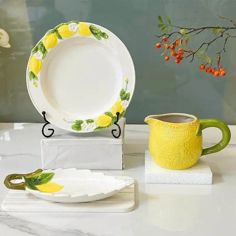 

Трехмерная керамическая посуда в деревенском стиле с лимоном, плоские тарелки, миски, горшки для молока, чашки для воды для дома, декор кухонного стола