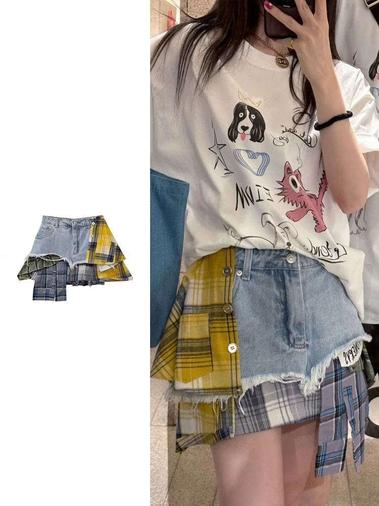 plus Size Asymmetrical Blue And Yellow Plaid Splicing Denim  Skirt for Women Summer New Design Sensation High Waist A-Lin...