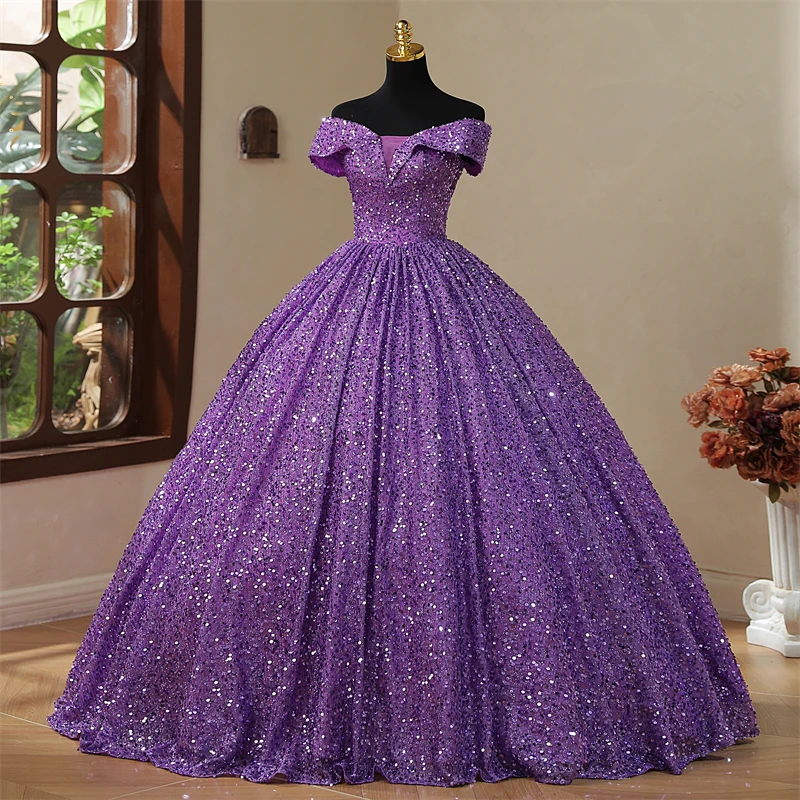 Vestido de quinceañera púrpura con lentejuelas y hombros descubiertos, vestido elegante con foto Real para fiesta de graduación, vestido de baile