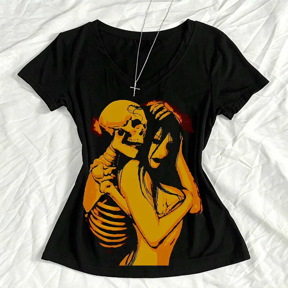 Y2k punk gothic T-shirt printed casual slim fit American streetwear top Harajuku Grunge women's clothing