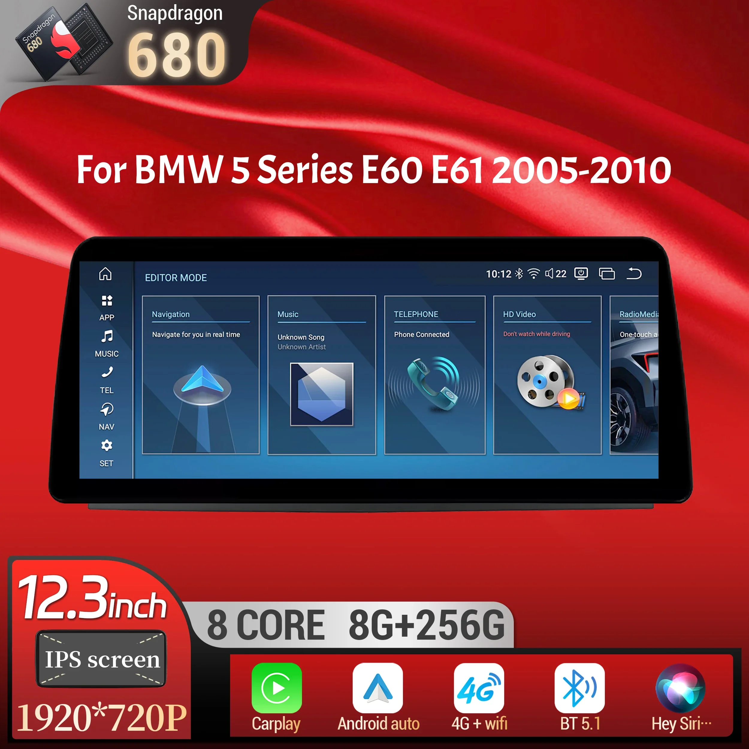 

12.3 inch Android 14 For BMW 5 Series E60 E61 2005-2010 Car Radio 4G Wireless BT Carplay Snapdragon 680 Touch Head Unit Screen