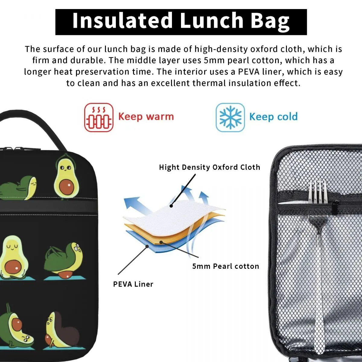 Bolsa de almuerzo con aislamiento térmico para mujer, contenedor reutilizable para niños, caja de comida multifunción, aguacate, Yoga