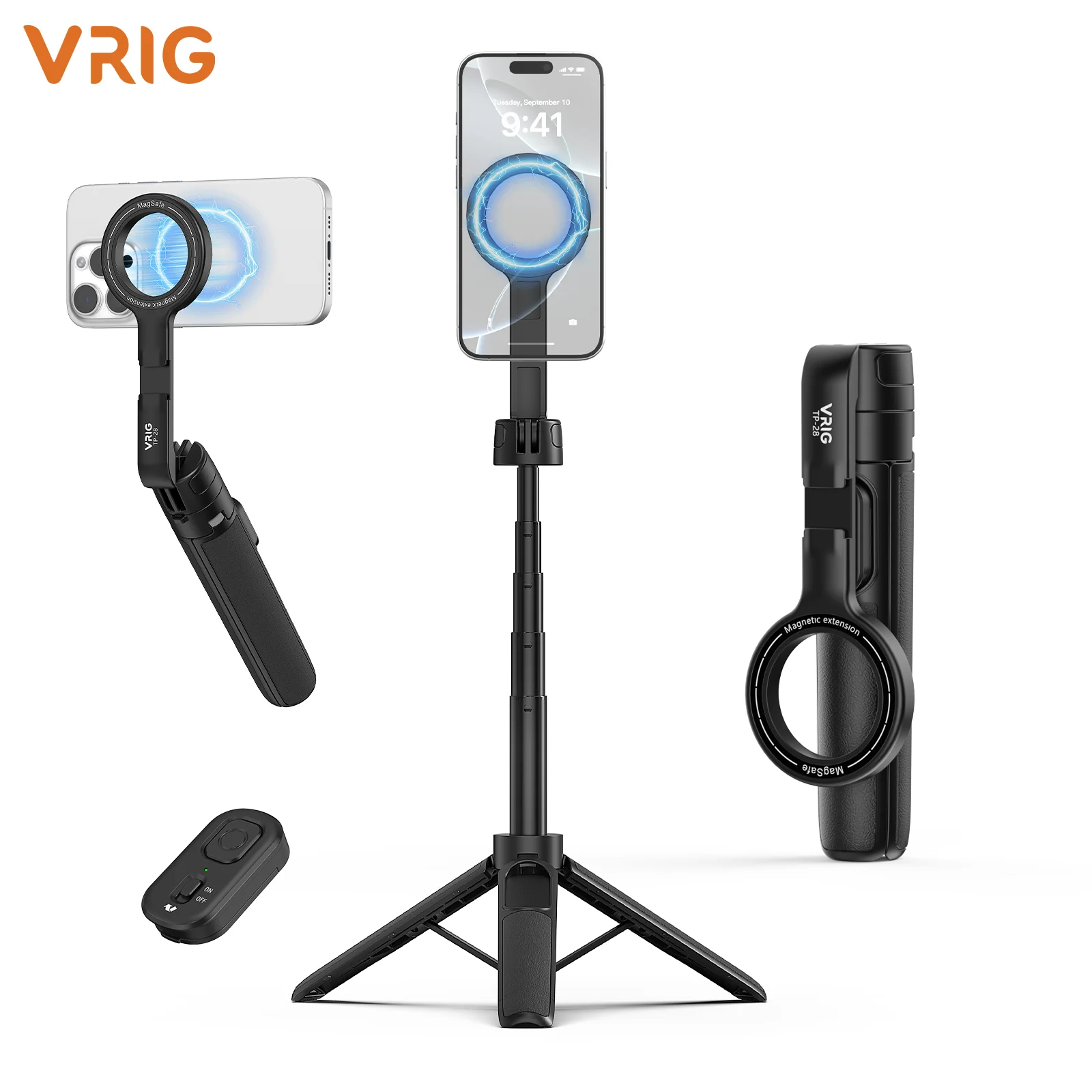 VRIG MagSafe Selfie Stick Tripod Bluetooth Remote Aluminum 360° Rotation Portable Detachable for iPhone 17/16/15/14/13 Pro Max