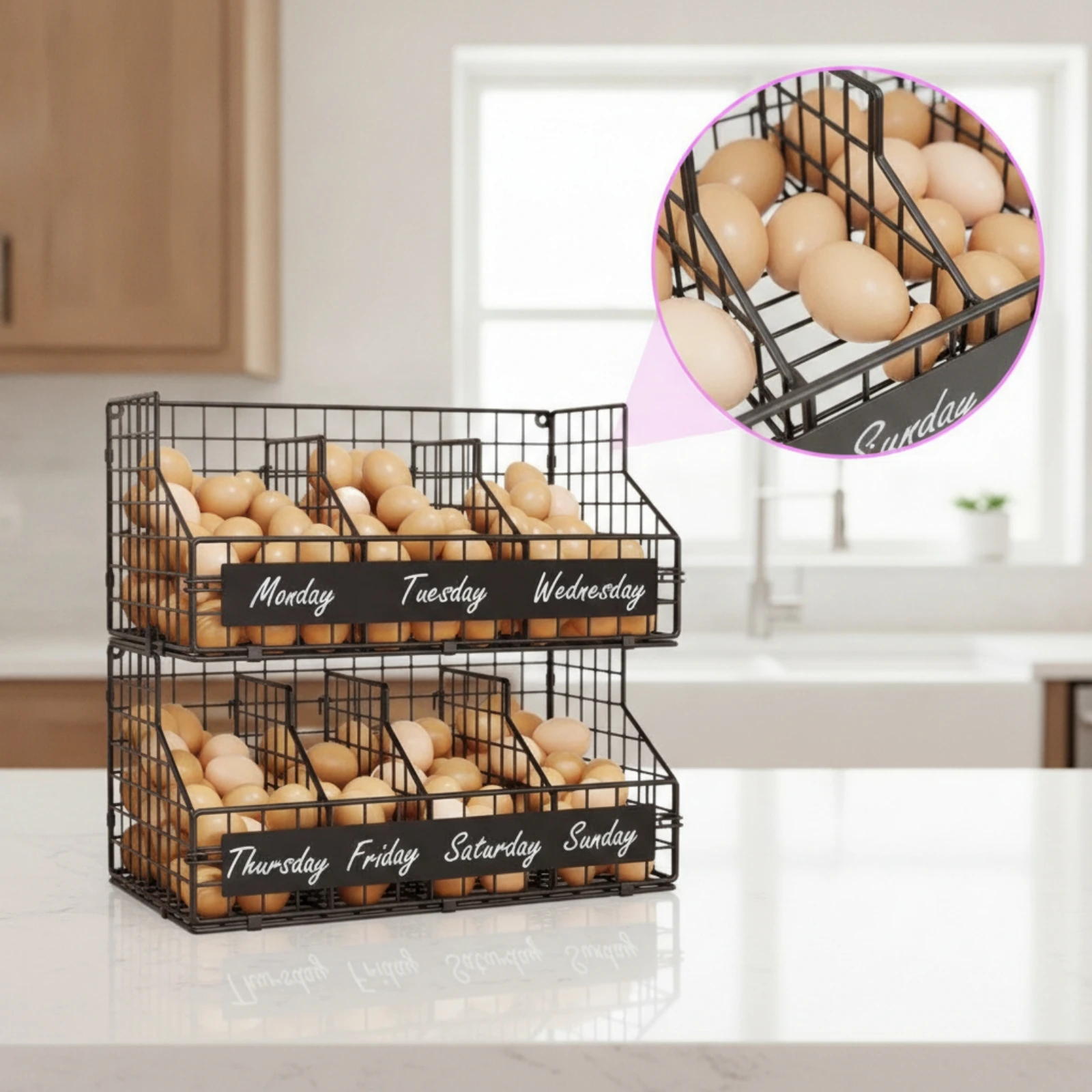 Egg Organizer Wall-Mounted Wire Storage Rack with Baskets Two-Tier Basket Rack Ventilated Easy to Clean for Families, Kitchen