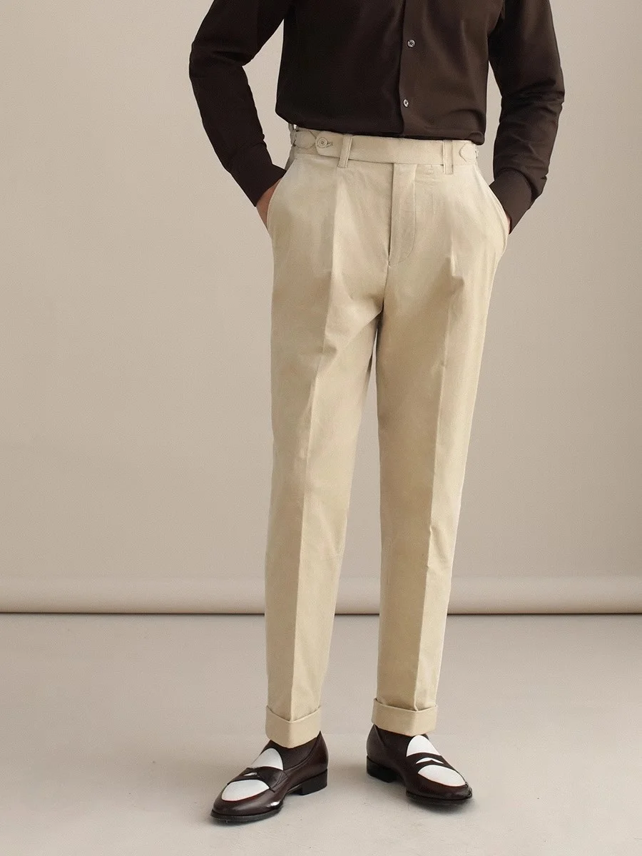 

CULTUM Italian Neapolitan Retro High Waist Corduroy Men's Autumn Winter Busin Pants Premium Cotton Blend Slim Fit Casual