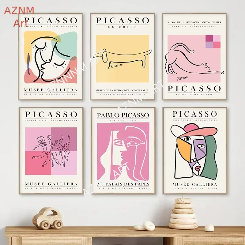 Picasso Colour Print Wall Art Cat Dog Line Canvas Painting Abstract Character Colour Block Poster Home Living Room Decoration