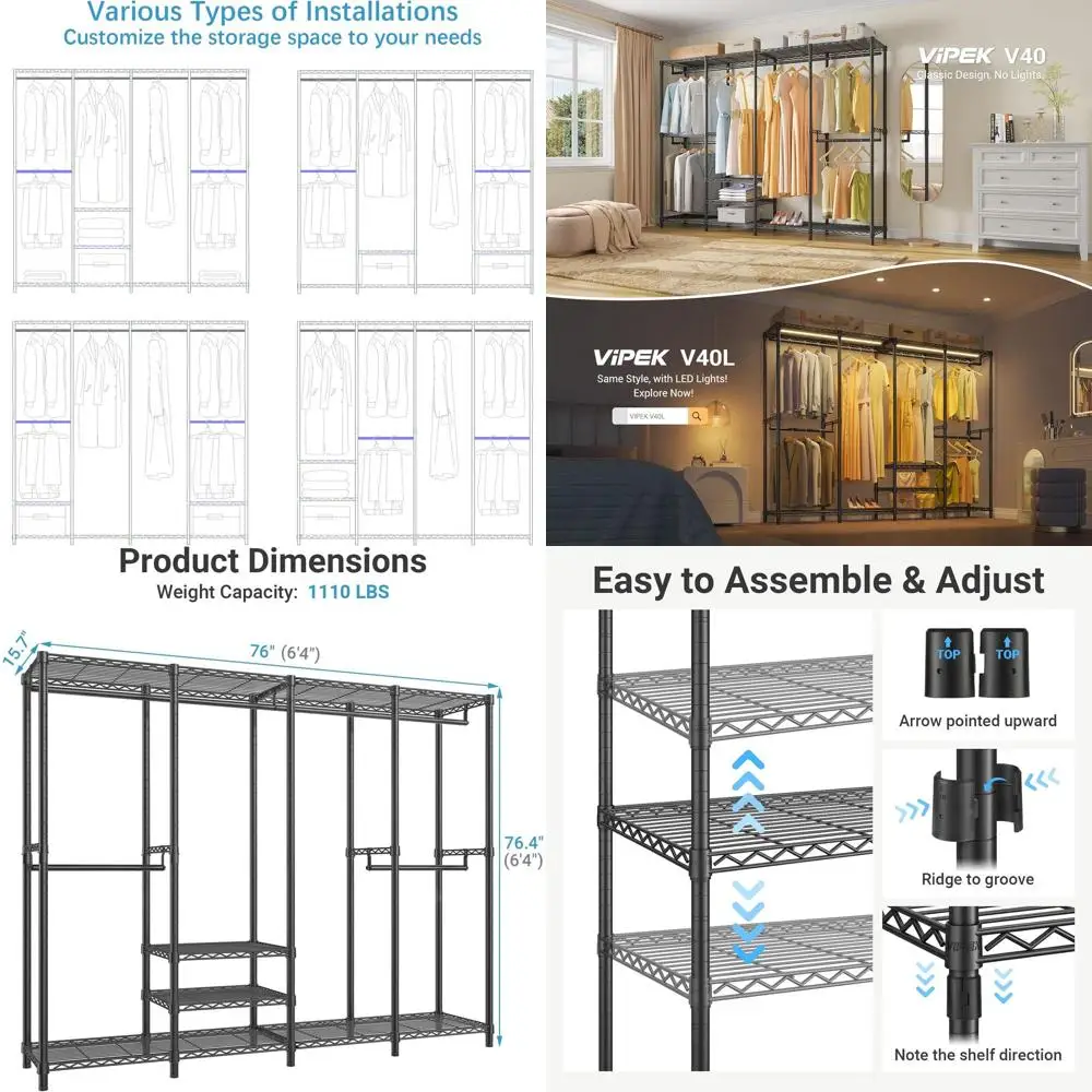 

Heavy-Duty 6-Shelf Metal Clothing Rack with 4 Hang Rods, 1110lbs Capacity, Adjustable Wardrobe Organizer for Bedroom/Closet/Reta