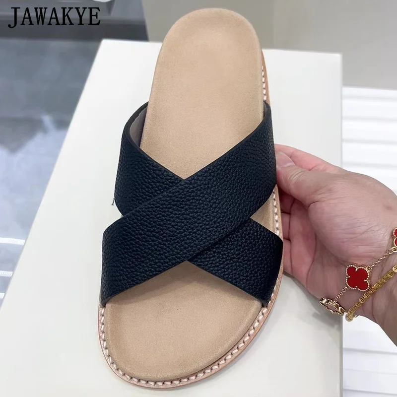 2024 Summer Flat Platform Shoes Blue Slide Women Black Leather Cross Strap Flat Slipper Casual Holiday Beach Walking Shoes Women