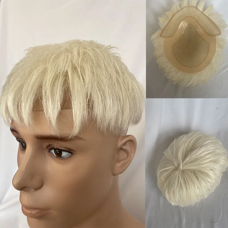 60# White Hiar Style Men Toupee 100%Human Hair French Lace With Pu Toupee Replacement Systems Men Hairpieces For Men Wigs 8X10
