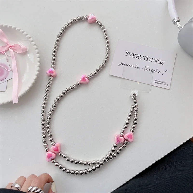 

Universal Korean Mobile Phone Corssbody Lanyard Necklace Love Heart Strap Rope For iPhone 16 17 pro max Bracelet Chain