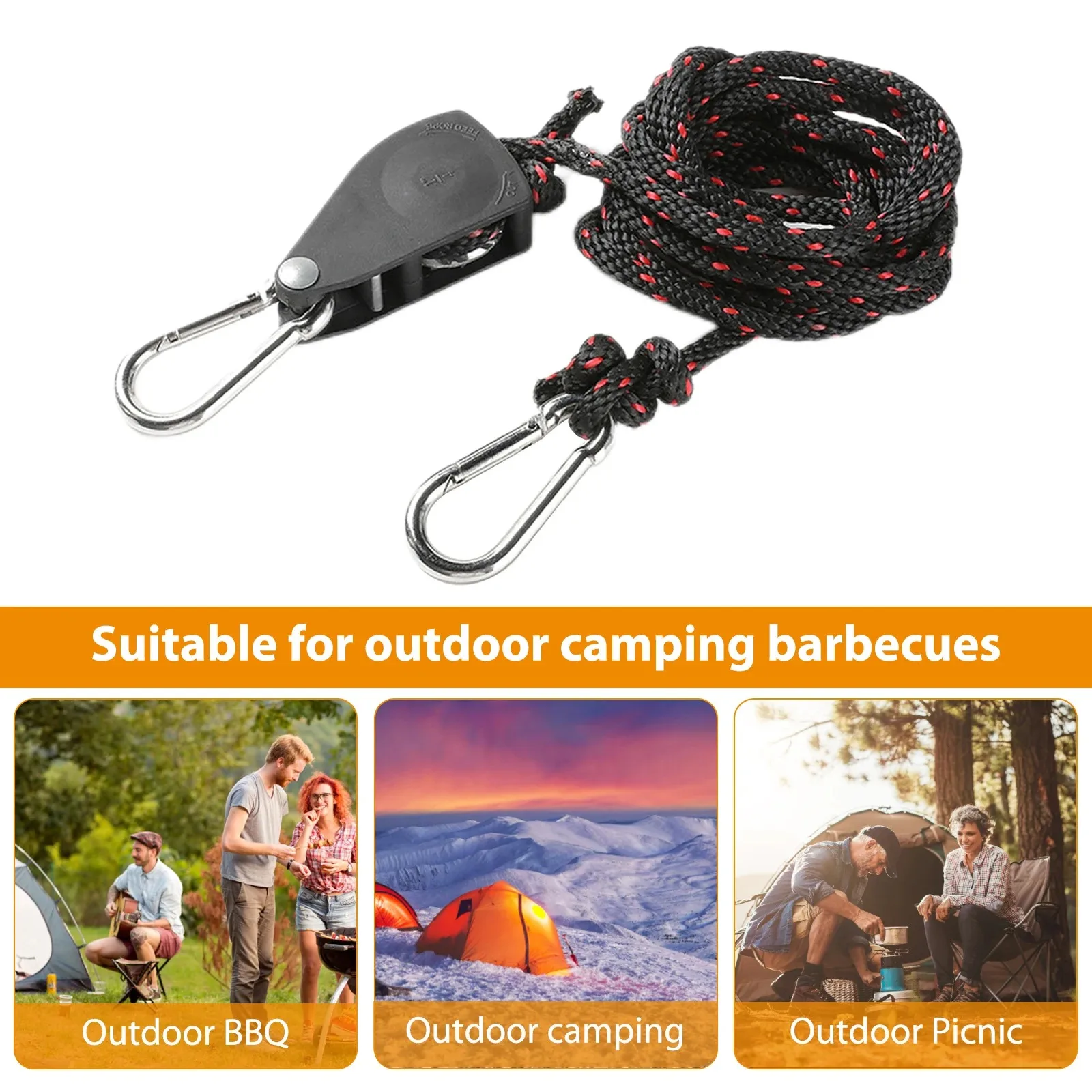 4Pcs  Camping Rope Tent Adjustable Rope Fastener Fixed Buckle Pulley Tensioner Ratchet Hangers Lights Camping Awning Wind Rope