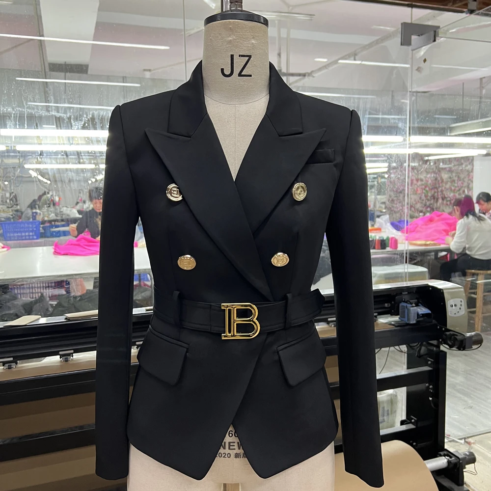 2022 Spring New High-end B-button Waist Belt Slim Double-breasted Temperament Women's Suit Jacket Blazers