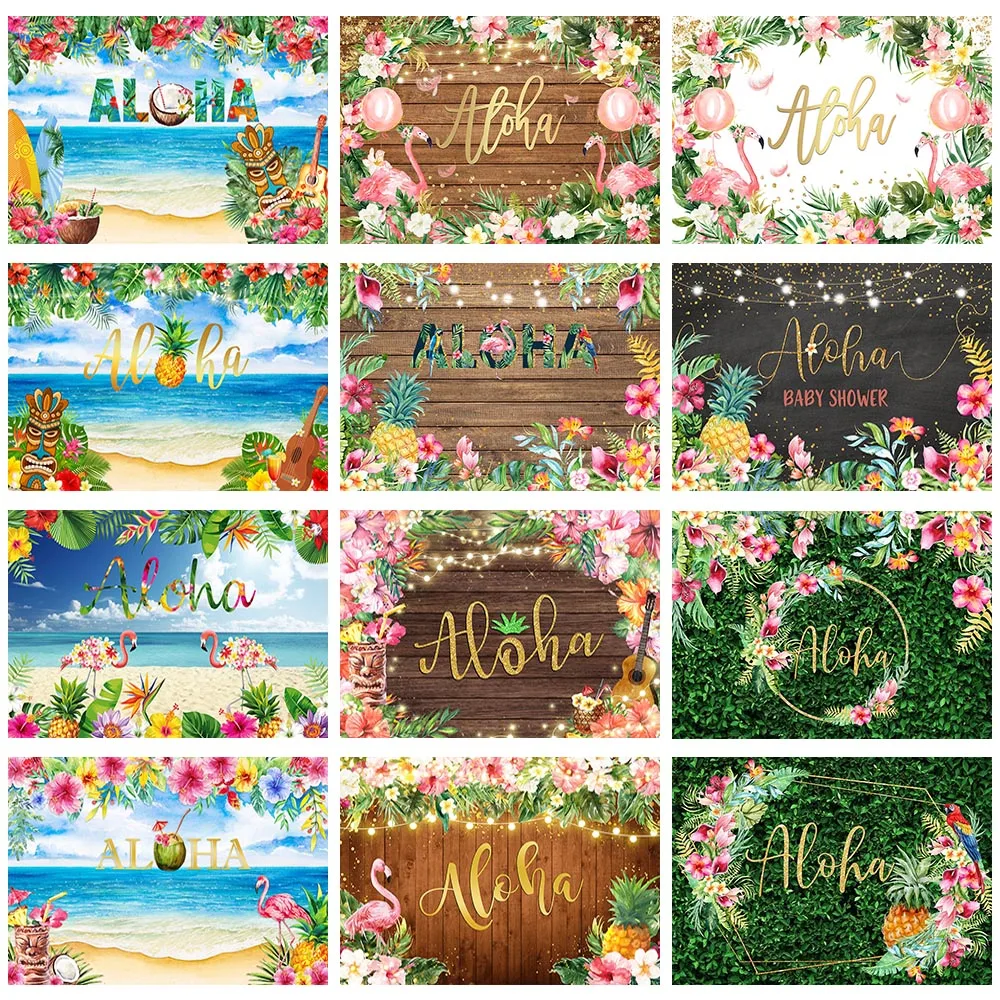 Aloha Backdrop Summer Luau Tropical Flowers Hawaiian Beach Photography Background Birthday Baby Shower Party Decor Banner