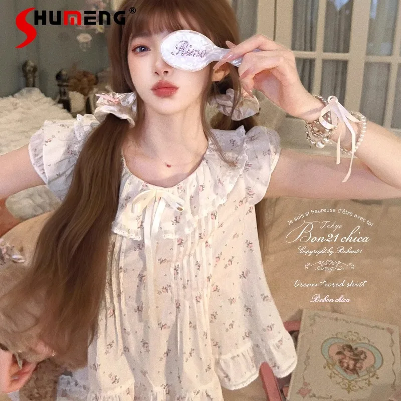 

Lolita Style New Sweet Cute Short Sleeves Doll Collar Top Shirt Soft Girl Beautiful Bow Single-breasted Blouse Women's Clothing